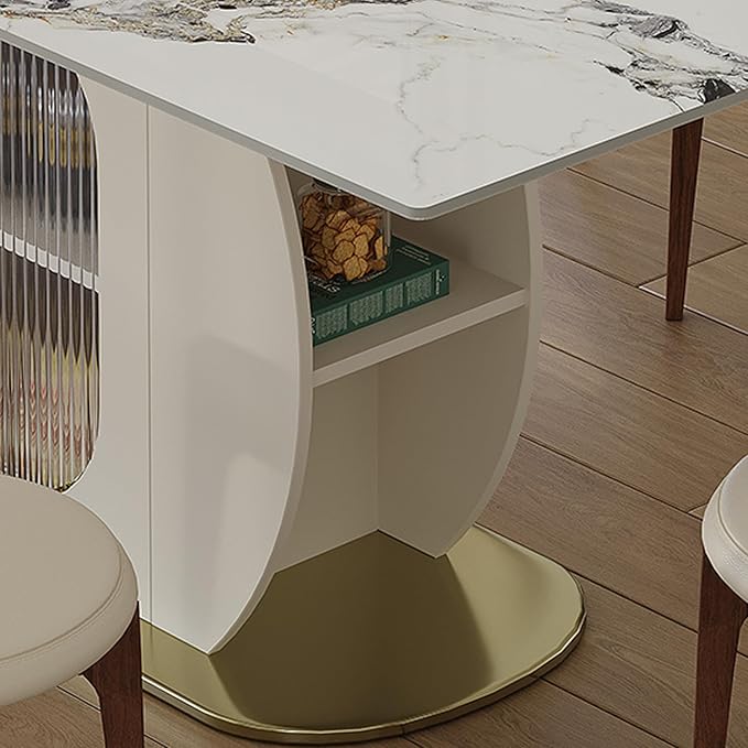 Montary 63" Modern 4-6 Person Dining Table with Storage Cabinet, Artificial Marble Dining Table with Sintered Stone Tabletop & Golden Solid Wood Base, Includes 6 Cream PU Chairs for Kitchen