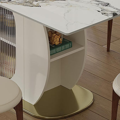 Montary 63" Modern 4-6 Person Dining Table with Storage Cabinet, Artificial Marble Dining Table with Sintered Stone Tabletop & Golden Solid Wood Base, Includes 6 Cream PU Chairs for Kitchen