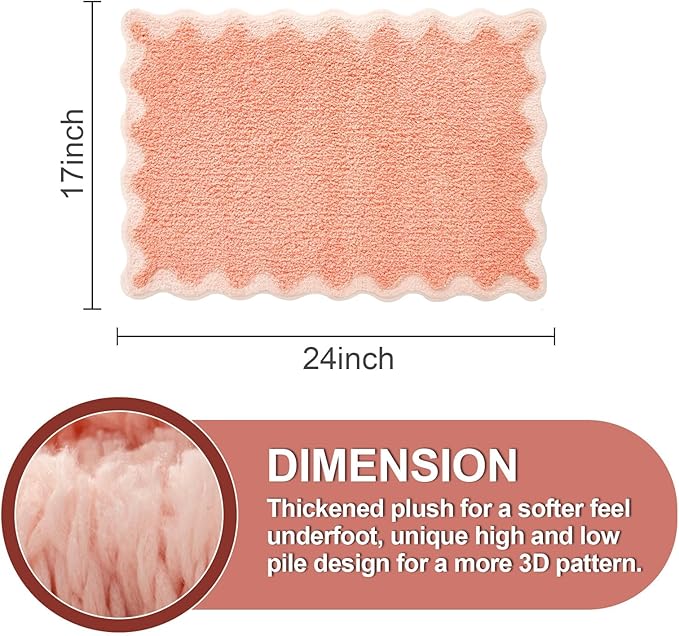 ORTIGIA Cute Coral Pink Scalloped Bath Mat, Fun Plush Microfiber Scallop Bathroom Rugs Non Slip Washable Quick Dry Absorbent, Bath Rug for Shower Stall Vanities Kitchen Floor Entrance, 17x24