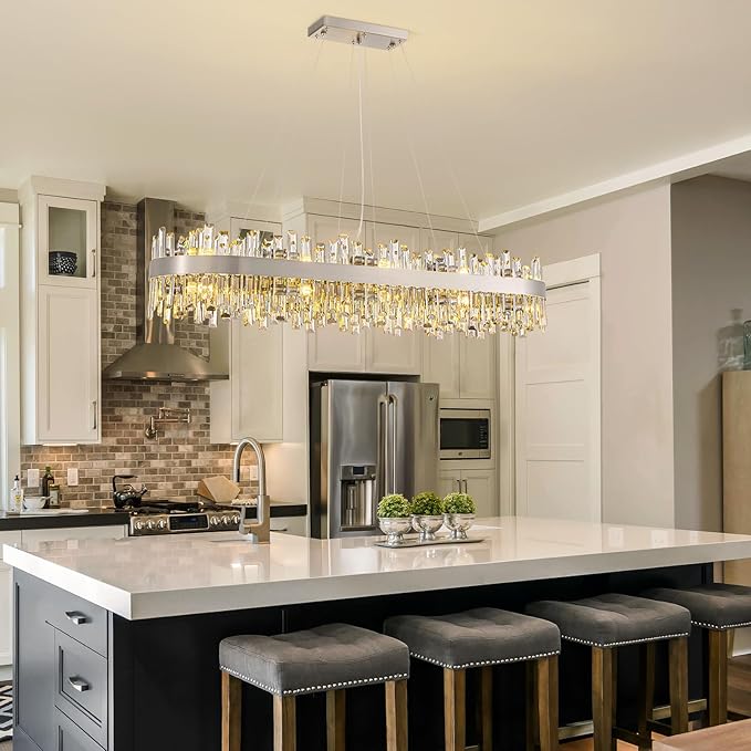 Siljoy Large Rectangular Crystal Chandelier, Modern Oval Brushed Nickel 2-Tiers K9 Crystal Raindrop Chandelier Ceiling Light for Dining Room, Living Room Kitchen Island Bar, E12 x 20, L52''