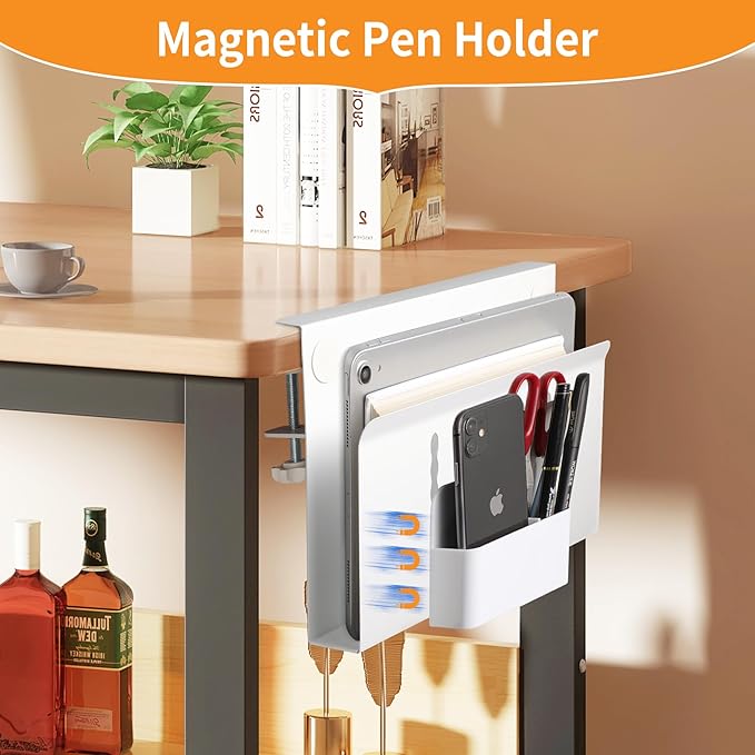 Desk Side Storage Under Desk Laptop Holder, No Drill Hanging Desk Organizer with Pen Holder, Clamp-On Table Side Desktop Organization Mount for Office and Home (White)