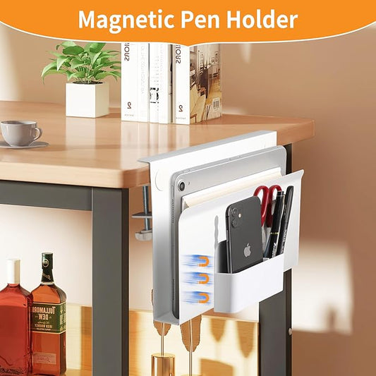 Desk Side Storage Under Desk Laptop Holder, No Drill Hanging Desk Organizer with Pen Holder, Clamp-On Table Side Desktop Organization Mount for Office and Home (White)