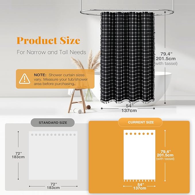 BTTN Stall Fabric Shower Curtain - 54x78 Inch Boho Linen Heavy Duty Tassel Shower Curtain Set with 10 Hooks, Narrow Rustic Modern Farmhouse Neutral Cloth Shower Curtains for Bathroom - Black and White