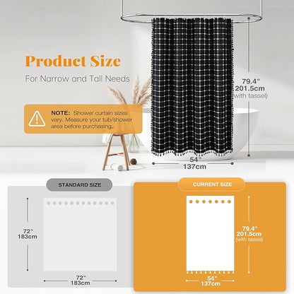 BTTN Stall Fabric Shower Curtain - 54x78 Inch Boho Linen Heavy Duty Tassel Shower Curtain Set with 10 Hooks, Narrow Rustic Modern Farmhouse Neutral Cloth Shower Curtains for Bathroom - Black and White