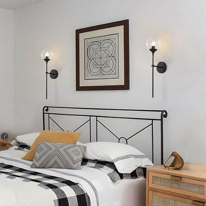 KCO Lighting Mid Century Black Wall Mounted Sconce Round Clear Glass Globe Wall Lamp Minimalist Slim Wall Sconce Light for Hallway Stairs Bathroom Mirror