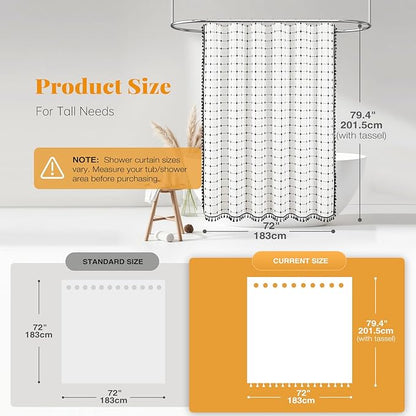 BTTN 78 Inch Long Shower Curtain - 72x78 Boho Farmhouse Linen Ultra Fabric Shower Curtain Set with Plastic Hooks, Aesthetic Rustic Country Weighted Cloth Shower Curtains for Bathroom - White and Black