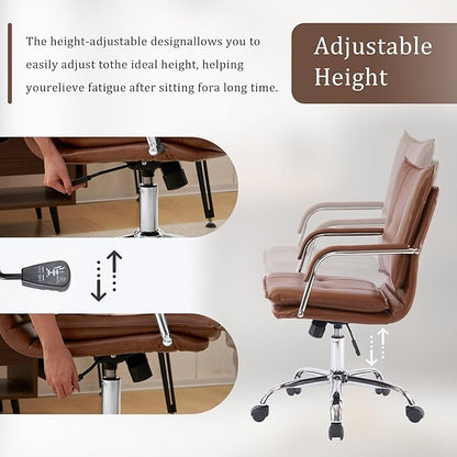 Mid-Back Ergonomic Leather Office Chair, Modern Upholstered Executive Desk Chair with Gold Frame Armrest Computer Task Chair (Caramel &Silver Legs)