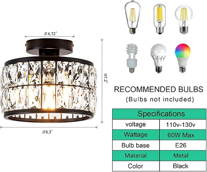 Crystal Ceiling Light Fixture, Modern Semi Flush Mount Ceiling Light,Crystal for Kitchen Bedroom Bathroom Entryway, Black Finish