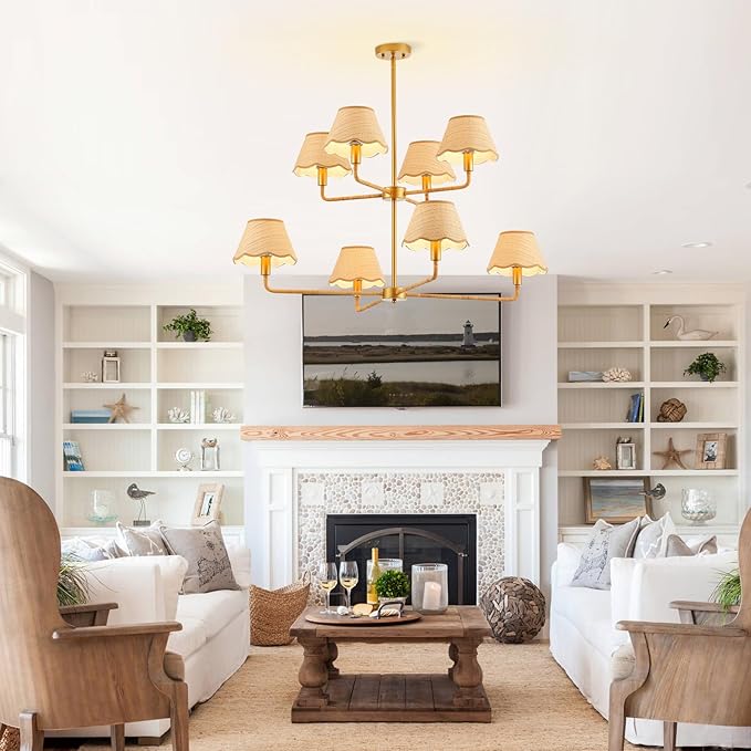 2-Layers Boho Rattan Chandelier 8-Lights Rustic Industrial Pendant Light Large Adjustable Pendant Lighting Fixtures for Kitchen Island Dining Living Room, Dia 41”, UL Listed