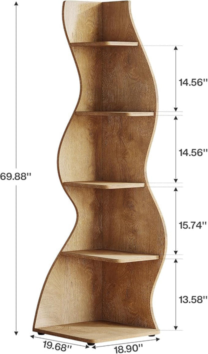 Tribesigns Wavy Corner Shelf, Modern 5-Tier Bookshelf Bookcase with Curvy Shape, Unique Plant Stand Display Rack for Living Room Small Space (Light Brown)