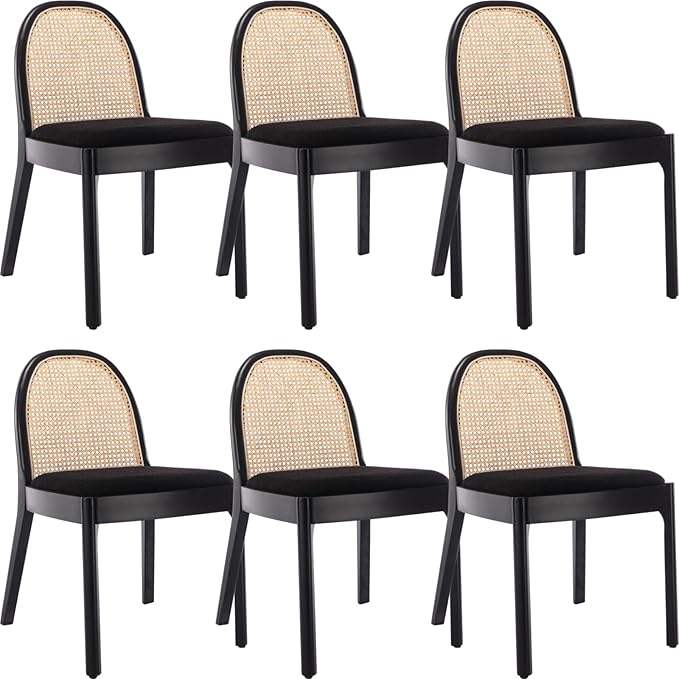 Mid Century Dining Chairs Set of 6, Rattan Sherpa Fabric Side Chairs Kitchen Chair with Solid Wooden Legs for Living Room Dining Room, Black
