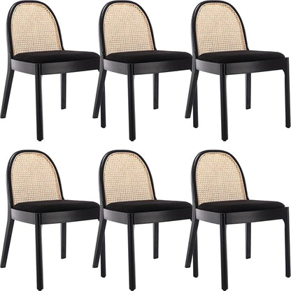 Mid Century Dining Chairs Set of 6, Rattan Sherpa Fabric Side Chairs Kitchen Chair with Solid Wooden Legs for Living Room Dining Room, Black