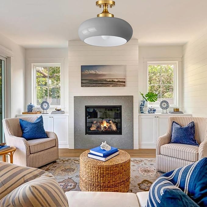 Mid Century Modern Semi Flush Mount Ceiling Light, Gold Kitchen Ceiling Light Fixture with Glass Shade, Grey Close to Ceiling Lamp Mini for Entryway Hallway Bathroom