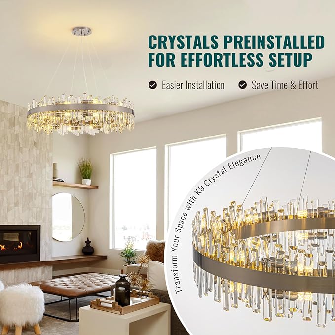 Siljoy 39.4'' Modern Crystal Chandelier, Luxury Large Nickel 2-Tiers Raindrop Chandelier, Adjustable Flush Mount Pendant Ceiling Light for Living Dining Room Foyer Entryway E12 x 20