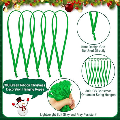 JUNEBRUSHS 300Pcs Christmas Ornament Hangers, Hand Tied String Ties Ornament Loops Thin Ribbon for Ornaments Christmas Tree Hanging Decorations (Green)