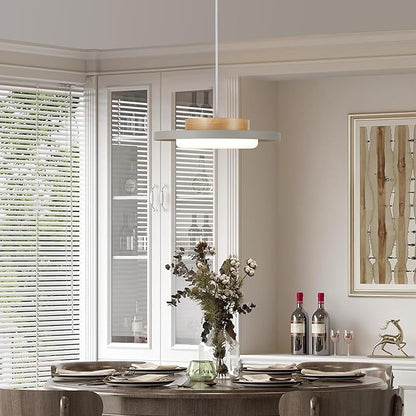 Modern Pendant Lights,15 inch,Natural Wood Cap,3000K/Warm White/22W Dimmable,LED Pendant Light Fixtures for Kitchen, Dining Room, Living Room,Gray