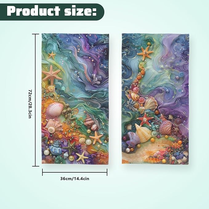 Colorful Beach Kitchen Towels Set of 2 Seashells Starfish Ocean Waves Dish Towels Housewarming Holiday Tabletop Decor Beach