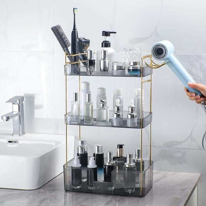 3 Tier Bathroom Organizer Countertop Makeup Perfume Skincare Organizer Comes with Hair Dryer Rack and Toothbrush Holder for Bathroom Dresser Vanity (Grey)