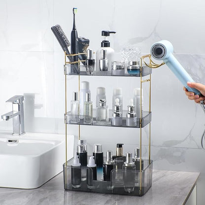 3 Tier Bathroom Organizer Countertop Makeup Perfume Skincare Organizer Comes with Hair Dryer Rack and Toothbrush Holder for Bathroom Dresser Vanity (Grey)