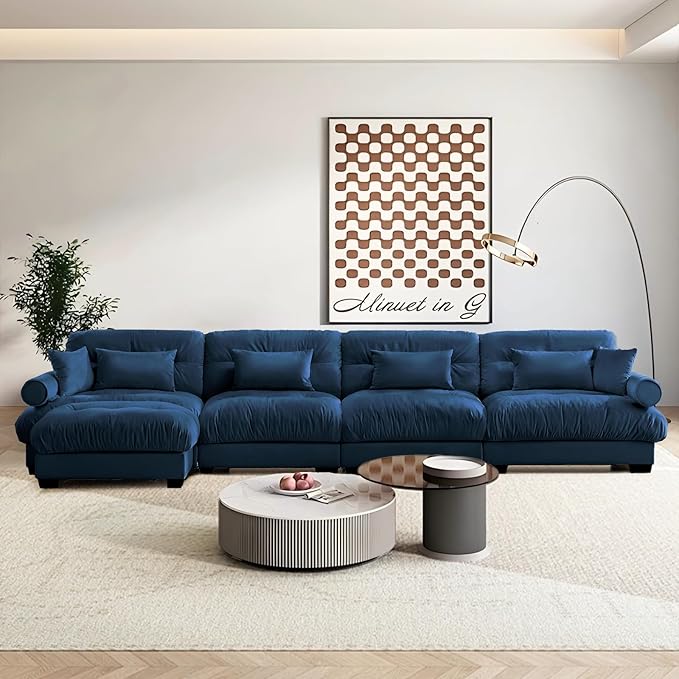 SoarFlash Sectional Couches for Living Room, L Shaped Sofa Couch with Velvet Fabric, 4 Seat Modern Sofa with Ottoman, Removable Pillows for Apartment, Blue