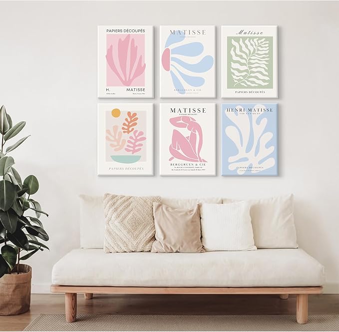 Henri Matisse Wall Art Prints Pink Blue Canvas Wall Decor Aesthetic Pictures Wall Art Danish Pastel Painting Henri Matisse Poster Trendy Artwork for Bedroom 8x10 Inch Wrapped Canvas Set of 6