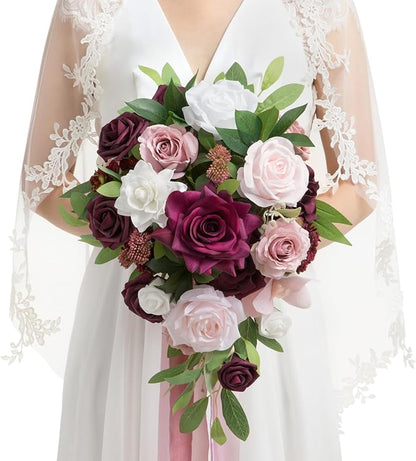 Ling's moment Burgundy Cascading Bridal Bouquet, Marsala Wedding Bouquets for Bride, 13 Inch Birde Bouquet Artificial Wedding Flower Bouquet