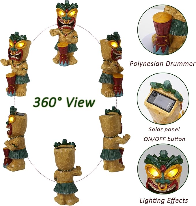 Solar Tiki Garden Statue with LED Eyes Outdoor Polynesian Drummer Hawaiian Party Decor Solar Light Ornament for Patio Porch Lawn Tiki Bar or Tiki Lover Funny Gifts