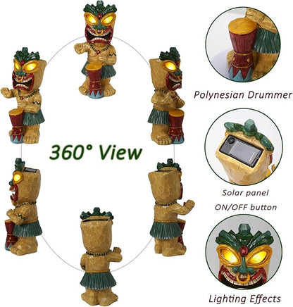 Solar Tiki Garden Statue with LED Eyes Outdoor Polynesian Drummer Hawaiian Party Decor Solar Light Ornament for Patio Porch Lawn Tiki Bar or Tiki Lover Funny Gifts