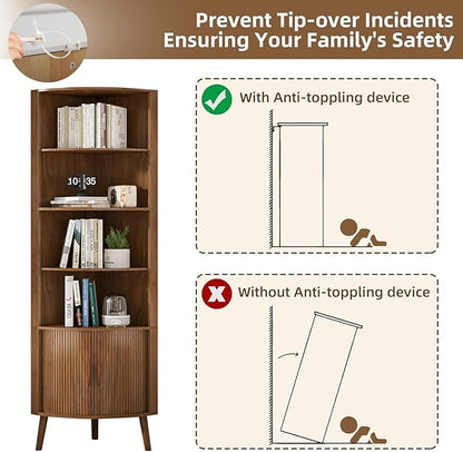 5-Tier Corner Shelf, 66.73''Tall Modern Corner Bookshelf, 5 Shelf Bookcase with 2 Fluted Doors, Freestanding Wood Corner Display Storage Shelf Organizer for Living Room, Office (Walnut)