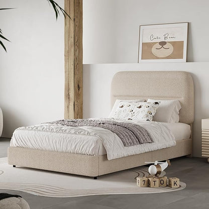 Twin Size Boucle Bed Frame, Upholstered with Headboard, Twin for Kids, Thickened Footboard/Rounded Corners/Adjustable Headboard/No Box Spring Needed/Easy Assembly, Beige