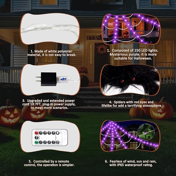 Halloween Decorations Outdoor, Spider Web Lights 250 LED Lighted Spider Web 16.4Ft Giant Halloween Decorations Light up, 8 Lighting Modes Waterproof & Timer for Indoor House Haunted Yard Decor, Purple