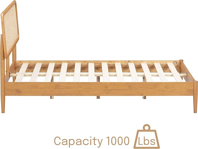 NTC Lupin Wooden Bed Frame with Headboard and Natural Rattan, Solid Oak/Rubber Wood Foundation with Silent Slats, 1000 Lb Capacity, Effortless Assembly (Natural Cane - Rustic Oak, Queen)