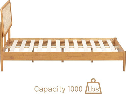 NTC Lupin Wooden Bed Frame with Headboard and Natural Rattan, Solid Oak/Rubber Wood Foundation with Silent Slats, 1000 Lb Capacity, Effortless Assembly (Natural Cane - Rustic Oak, Queen)