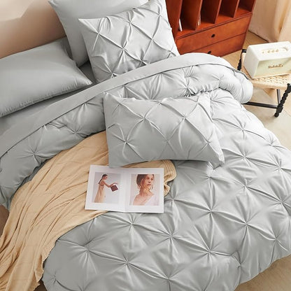 CozyLux California King Comforter Set Light Grey - 7 Pieces Cal King Pintuck Bed in A Bag Gift for Family, Pinch Pleat Bedding Sets with All Season Comforter, Sheets, Pillowcases & Shams