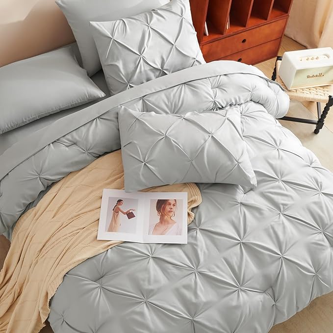 CozyLux Full Size Comforter Sets Light Grey, 7 Pieces Pintuck Bed in A Bag Gray Comforter Full Size, Pinch Pleat Bedding Sets with All Season Comforter, Sheets, Pillowcases & Shams