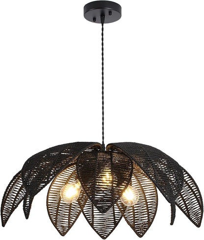 24” Black Boho Large Rattan Chandelier Light Fixture,3-Light Hand Woven Flower Chandelier Farmhouse Wicker Pendant Light for Kitchen,Living Room,Dining Room,Foyer, Bedroom