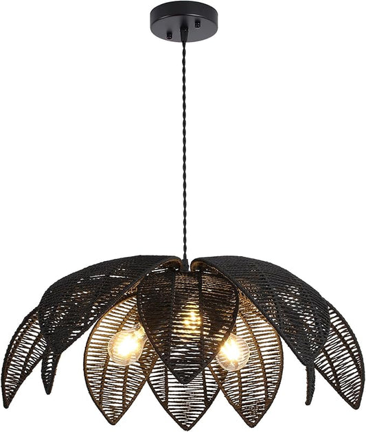 24” Black Boho Large Rattan Chandelier Light Fixture,3-Light Hand Woven Flower Chandelier Farmhouse Wicker Pendant Light for Kitchen,Living Room,Dining Room,Foyer, Bedroom