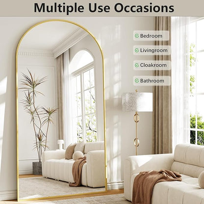Oversized Full Body Mirror 35x78 inch Arched Full Length Mirror with Stand Aluminum Wall Mounted Hanging or Leaning Standing Mirrors,Gold