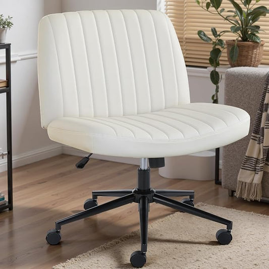 DUMOS Criss Cross Chair with Wheels, Wide Cross Legged Desk Vanity Chairs, Faux Leather Armless Adjustable Swivel Chairs for Home Computer Task, Beige