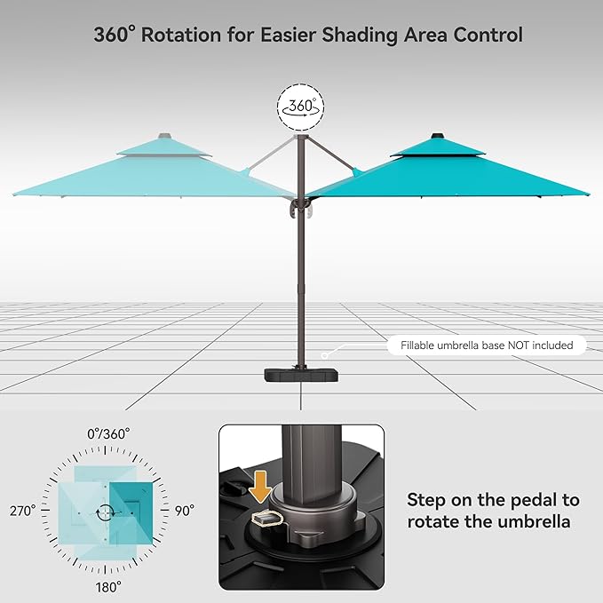 9x12FT Turquoise Cantilever Outdoor Patio Umbrella with Base, Large Rectangular Offset Design, Double Top Heavy Duty Aluminum Frame & 360° Rotation for Pool Garden Deck Backyard