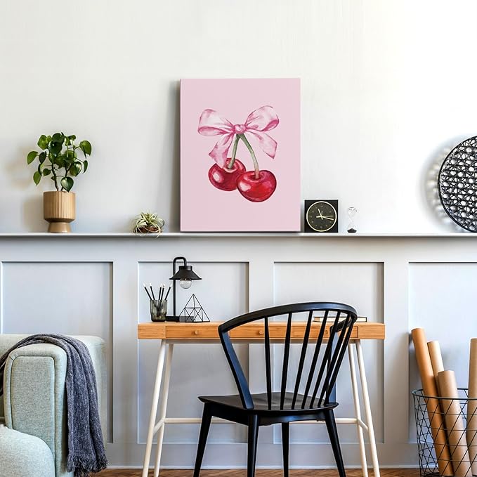 APJYM Coquette Pink Bow Cherry Preppy Wall Art, Room Decor Aesthetic, Posters for Teen Girls Bedroom, 11x14 Inches Framed