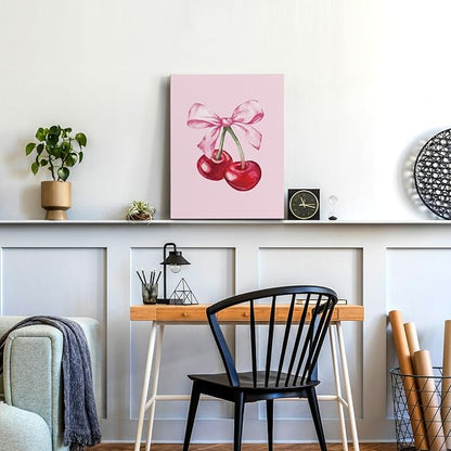 APJYM Coquette Pink Bow Cherry Preppy Wall Art, Room Decor Aesthetic, Posters for Teen Girls Bedroom, 11x14 Inches Framed