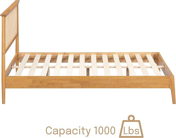 NTC Ruby Wooden Bed Frame with Headboard and Natural Rattan, Solid Oak/Rubber Wood Foundation with Silent Slats, 1000 Lb Capacity, Effortless Assembly (Natural Cane - Rustic Oak, King)
