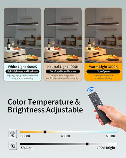 47" Wood Linear Pendant Light, Dimmable Kitchen Island Lighting with Remote, 30W LED Island Lights for Kitchen, Adjustable Linear Chandelier for Dinning Room Light Fixture, Bar, Pool Table - Walnut