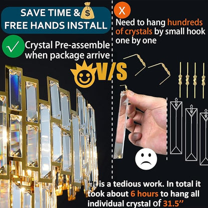 Gold Crystal Chandelier Lighting Foyer Hall Entry Way Chandeliers Light Fixture for High Ceiling Sloped Pendant Hanging French Empire Style Round Large 31.5 inch