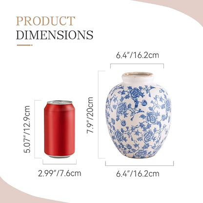 Ceramic Flower Vase, Blue and White Vintage Decorative Vase Chinoiserie Decor Rustic Farmhouse Retro Floral Vases for Table Bookshelf Mantel Kitchen Living Room Office - 7.8inch Blue