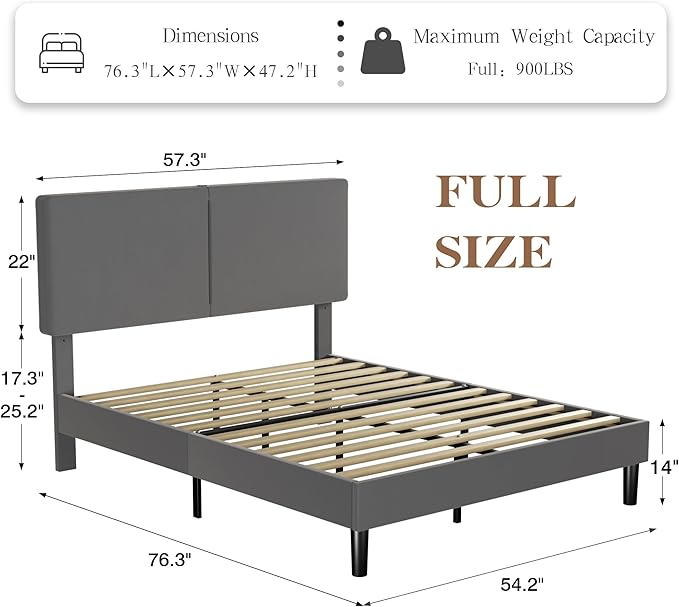 VECELO Full Size Bed Frame, Upholstered Platform with Height-Adjustable Headboard, Wooden Slats Support, Under-Bed Space, No Box Spring Needed, Easy Assembly, Dark Grey