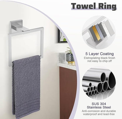 TNOMS Brushed Nickel Towel Bar Set,5-Piece Bathroom Hardware Set Includes Upgraded Double Base Paper Towel Holder Modern Square Towel Holder Set,Stainless Steel Wall Mount 23.6 Inch