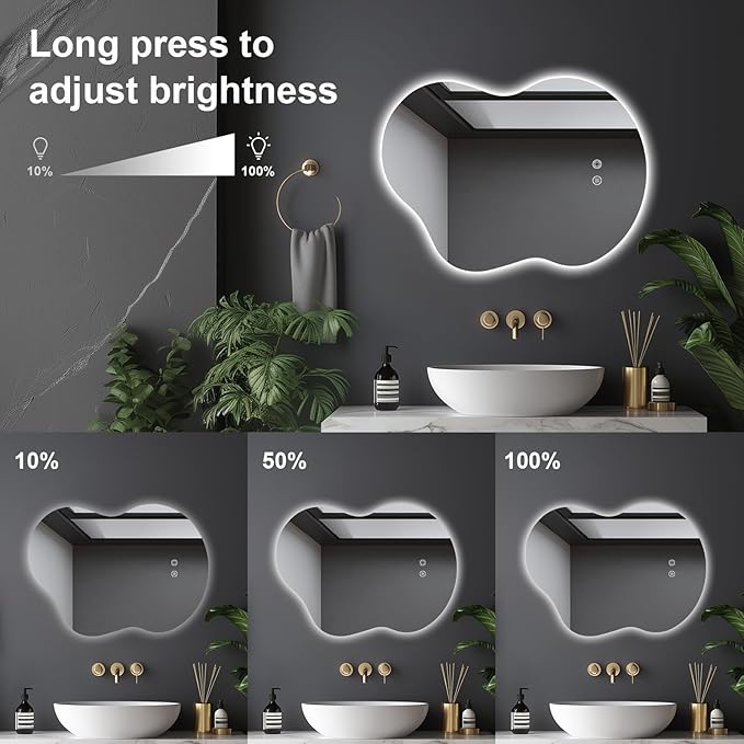 30"x22" Irregular LED Bathroom Wall Mirror with Front & Backlight, Anti-Fog, Dimmable, 3 Color Modes, Wall-Mounted [Horizontal/Vertical]