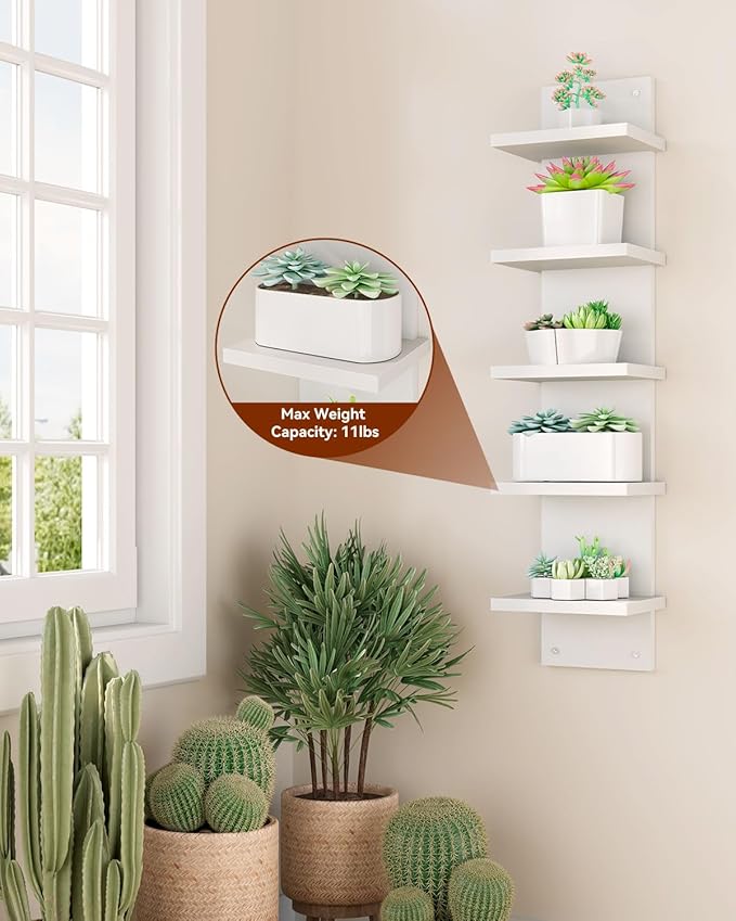 IBUYKE 5 Tier Wall Shelf Unit,White Vertical Shelf,Floating Storage Wall Shelf,Organizer Tall Tower Design Decorative Wall Mount Shelving for Home, Bedroom,Living Room,Office Decor WBC009W